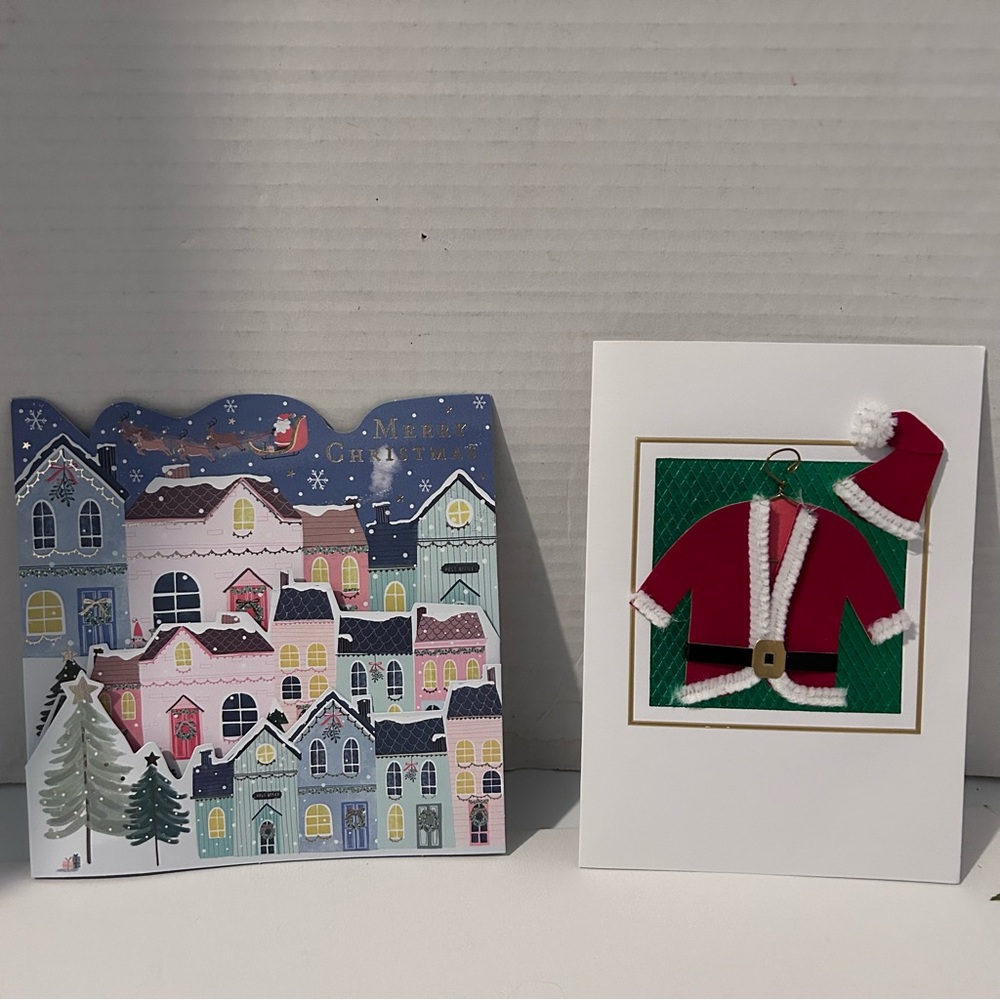 Festive Santa Suit & Christmas Village greeting cards - set of 6